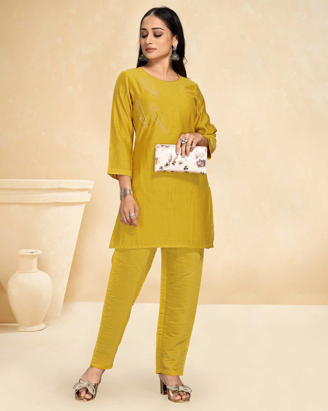 Laxmipati Cotton Silk Yellow Coord Set Stone Design Top With Straight Pant