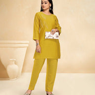 Laxmipati Cotton Silk Yellow Coord Set Stone Design Top With Straight Pant