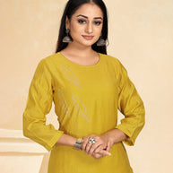 Laxmipati Cotton Silk Yellow Coord Set Stone Design Top With Straight Pant