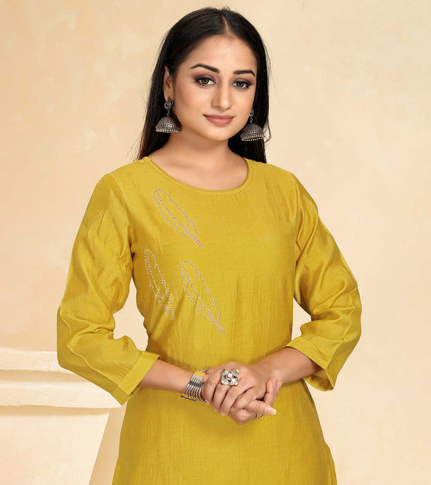 Laxmipati Cotton Silk Yellow Coord Set Stone Design Top With Straight Pant