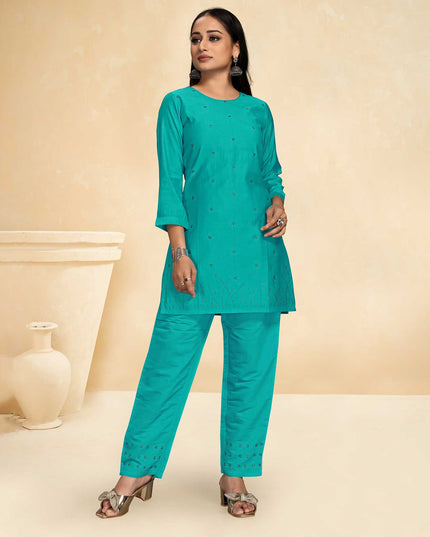 Laxmipati Cotton Silk Cyan Blue Coord Set Stone Design Top With Straight Pant