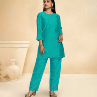 Laxmipati Cotton Silk Cyan Blue Coord Set Stone Design Top With Straight Pant