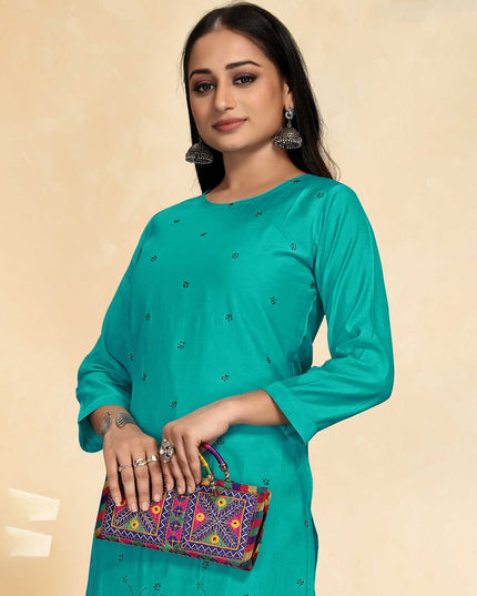 Laxmipati Cotton Silk Cyan Blue Coord Set Stone Design Top With Straight Pant
