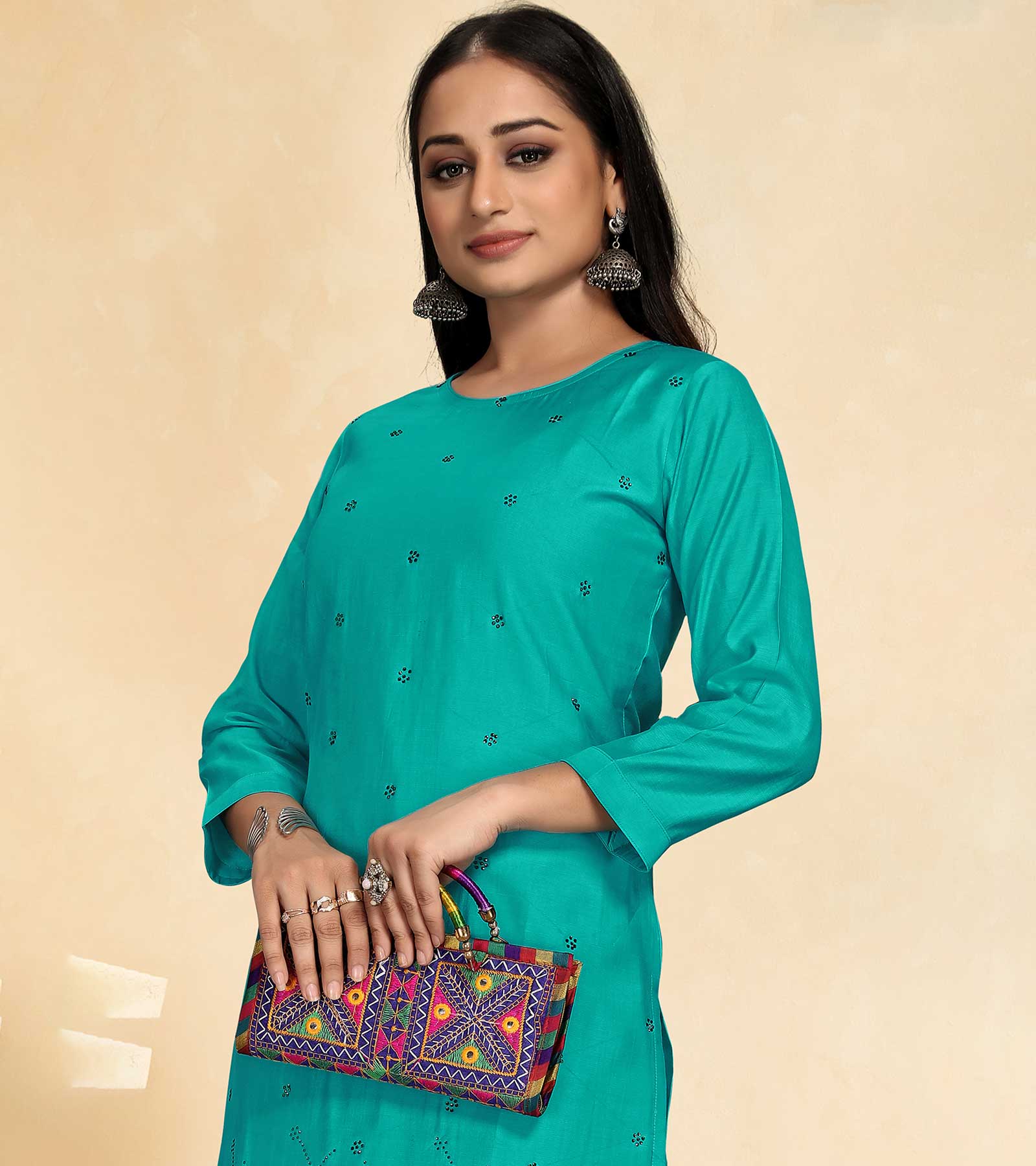 Laxmipati Cotton Silk Cyan Blue Coord Set Stone Design Top With Straight Pant