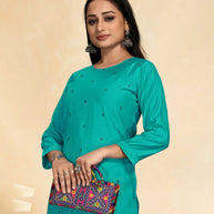 Laxmipati Cotton Silk Cyan Blue Coord Set Stone Design Top With Straight Pant