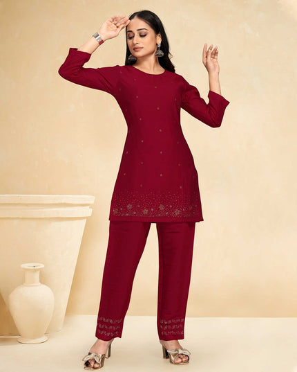Laxmipati Cotton Silk Maroon Coord Set Stone Design Top With Straight Pant