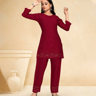 Laxmipati Cotton Silk Maroon Coord Set Stone Design Top With Straight Pant