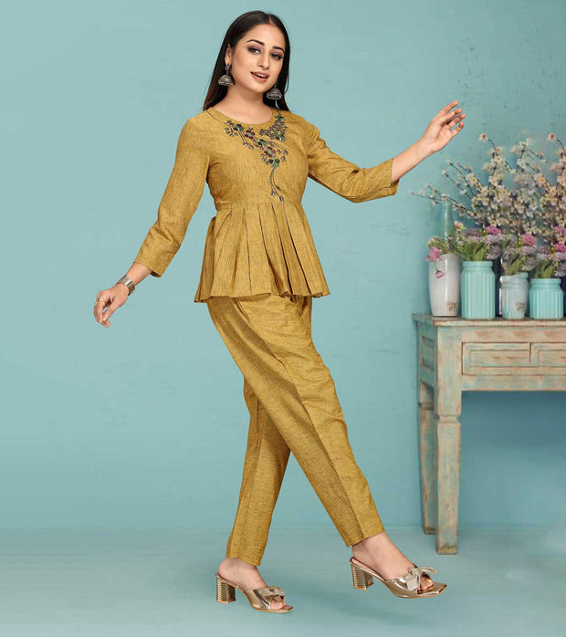 Laxmipati Black Silk Yellow  Coord Set With Embroidery In Top And Straight Pant