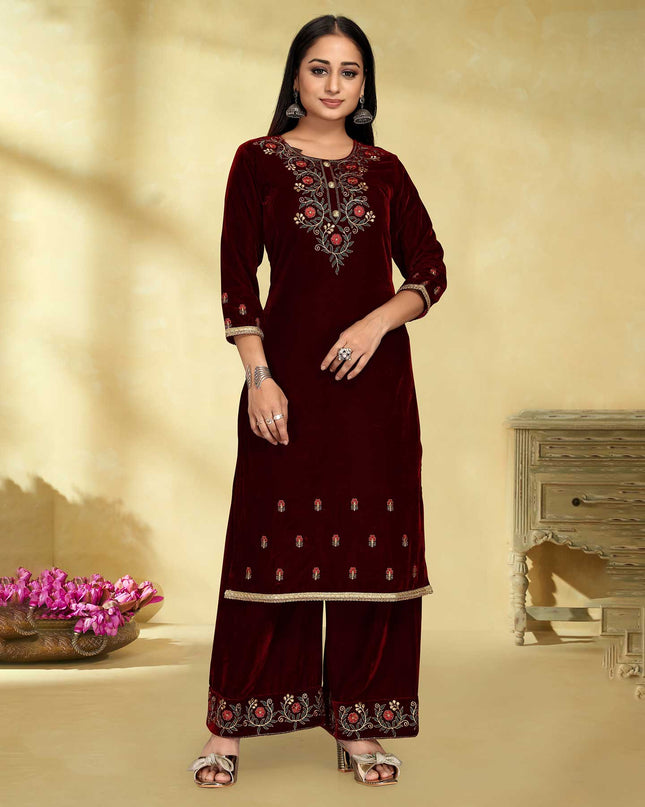 Laxmipati Velvet Maroon Velvet Embroidered Kurta With Fancy Button And Embroidery Laced Plazzo