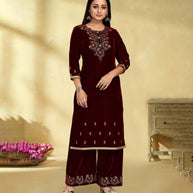 Laxmipati Velvet Maroon Velvet Embroidered Kurta With Fancy Button And Embroidery Laced Plazzo
