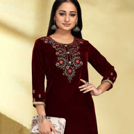 Laxmipati Velvet Maroon Velvet Embroidered Kurta With Fancy Button And Embroidery Laced Plazzo