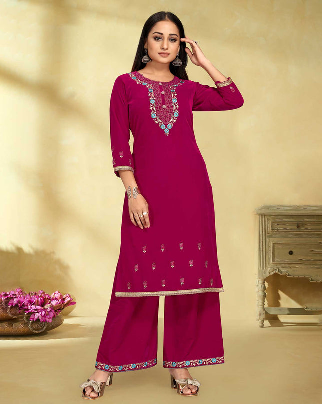 Laxmipati Velvet Pink Velvet Embroidered Kurta With Fancy Button And Embroidery Laced Plazzo