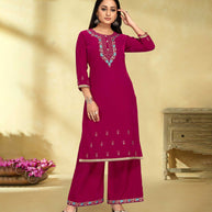 Laxmipati Velvet Pink Velvet Embroidered Kurta With Fancy Button And Embroidery Laced Plazzo