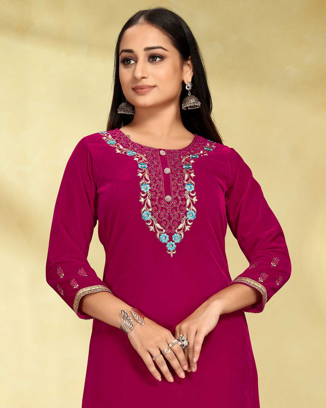 Laxmipati Velvet Pink Velvet Embroidered Kurta With Fancy Button And Embroidery Laced Plazzo