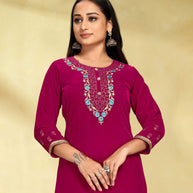 Laxmipati Velvet Pink Velvet Embroidered Kurta With Fancy Button And Embroidery Laced Plazzo