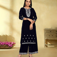 Laxmipati Velvet Blue Velvet Embroidered Kurta With Fancy Button And Embroidery Laced Plazzo