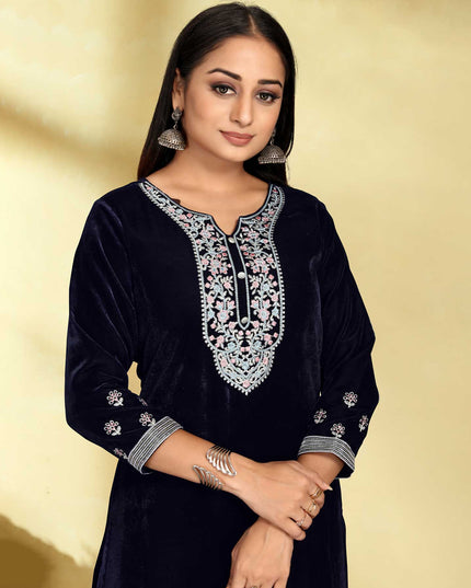 Laxmipati Velvet Blue Velvet Embroidered Kurta With Fancy Button And Embroidery Laced Plazzo