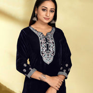 Laxmipati Velvet Blue Velvet Embroidered Kurta With Fancy Button And Embroidery Laced Plazzo
