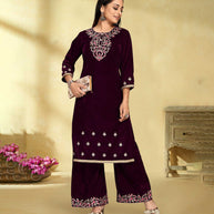 Laxmipati Voilet Velvet Embroidered Kurta With Fancy Button And Embroidery Laced Plazzo