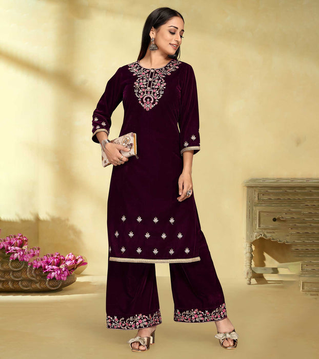 Laxmipati Voilet Velvet Embroidered Kurta With Fancy Button And Embroidery Laced Plazzo