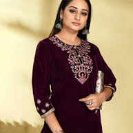 Laxmipati Voilet Velvet Embroidered Kurta With Fancy Button And Embroidery Laced Plazzo