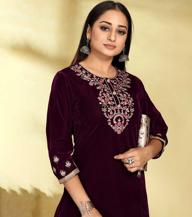 Laxmipati Voilet Velvet Embroidered Kurta With Fancy Button And Embroidery Laced Plazzo