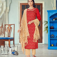 Laxmipati Taffeta Silk Red Table Print Top With Fancy Dupatta And Pant