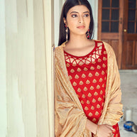 Laxmipati Taffeta Silk Red Table Print Top With Fancy Dupatta And Pant