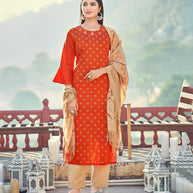 Laxmipati Taffeta Silk Orange Table Print Top With Fancy Dupatta And Pant