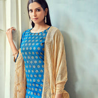 Laxmipati Taffeta Silk Electric Blue Table Print Top With Fancy Dupatta And Pant