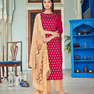 Laxmipati Taffeta Silk Bright Magenta Table Print Top With Fancy Dupatta And Pant