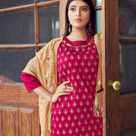 Laxmipati Taffeta Silk Bright Magenta Table Print Top With Fancy Dupatta And Pant