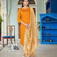 Laxmipati Taffeta Silk Haldi Yellow Table Print Top With Fancy Dupatta And Pant