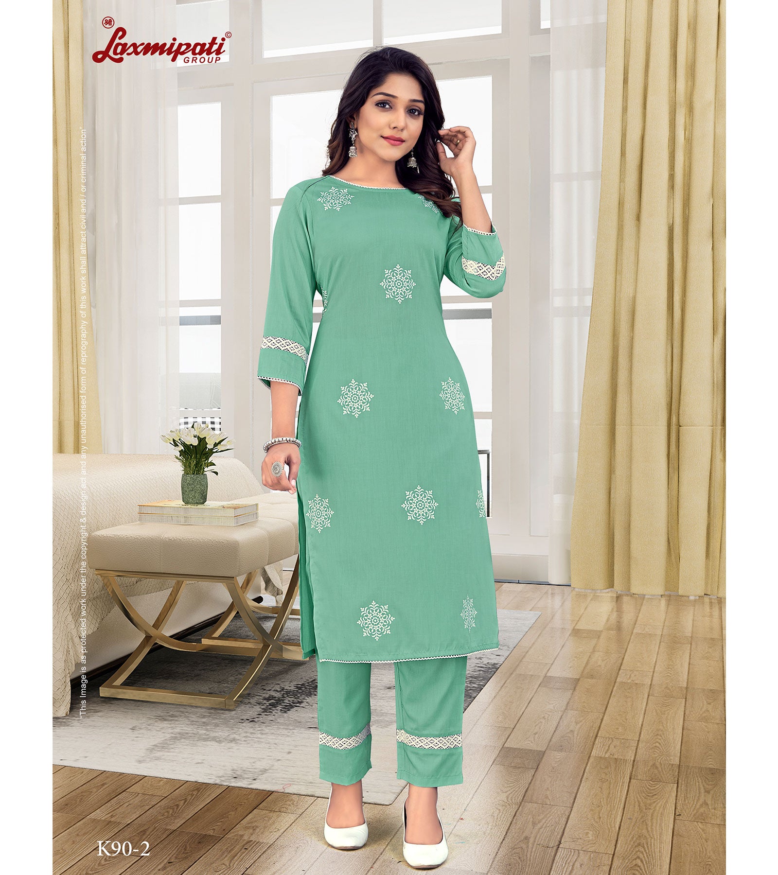 Laxmipati Muslin Aquamarine Straight Cut Kurti With Pant