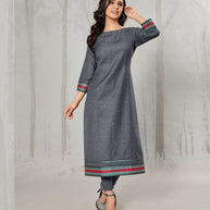 Laxmipati Cotton Textured Grey Straight Cut Kurti With Mask