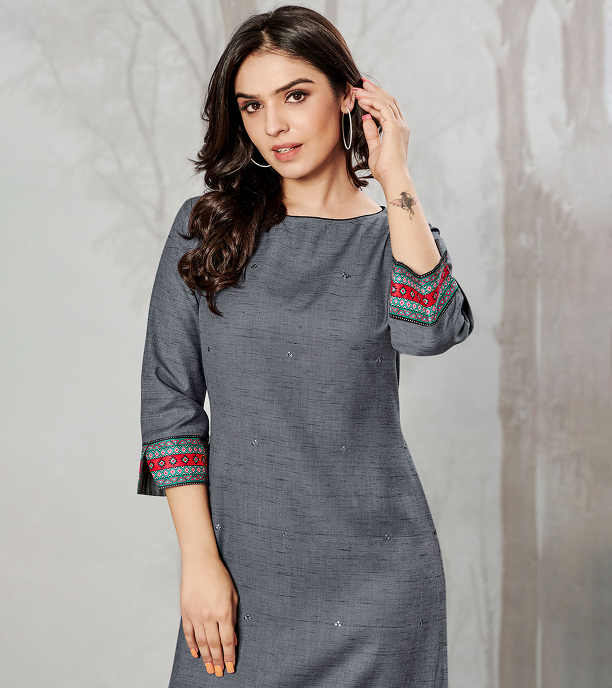 Laxmipati Cotton Textured Grey Straight Cut Kurti With Mask