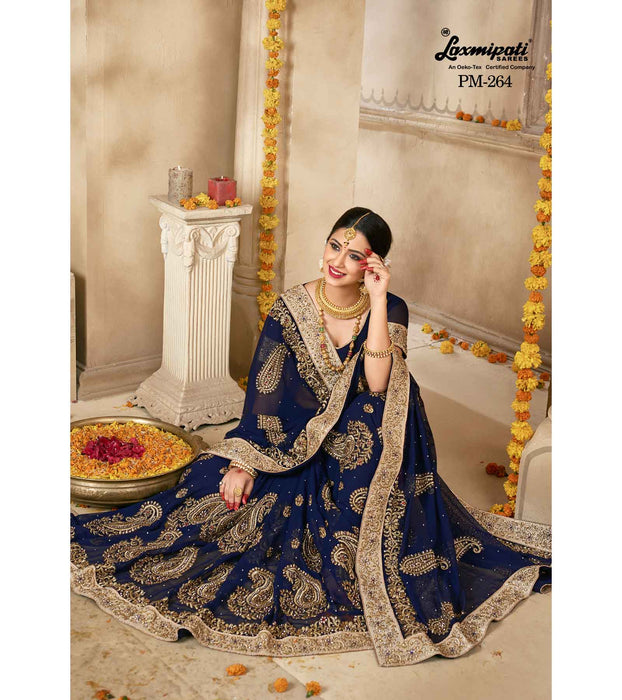 Laxmipati PM-264 Lashkara Georgette Navy Blue Saree