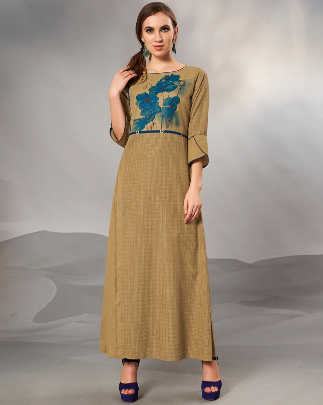 Laxmipati Textured Cotton Neutral Brown Full length Gown with 3/4 sleeve & Mask