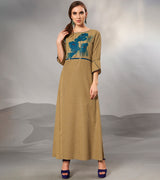 Laxmipati Textured Cotton Neutral Brown Full length Gown with 3/4 sleeve & Mask