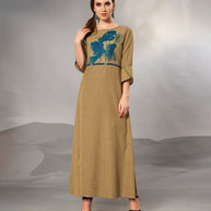 Laxmipati Textured Cotton Neutral Brown Full length Gown with 3/4 sleeve & Mask