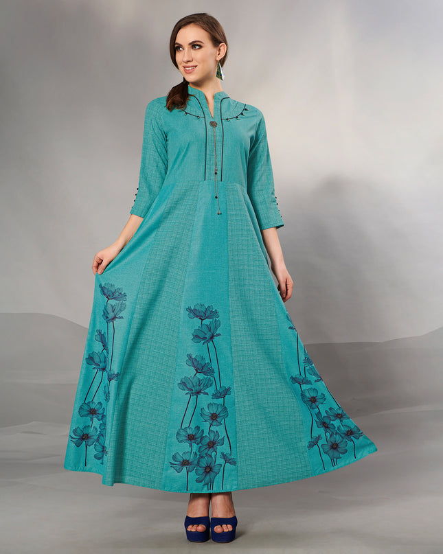 Laxmipati Textured Cotton Greenish Blue kali Pattern Gown with 3/4 sleeve & Mask