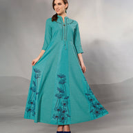 Laxmipati Textured Cotton Greenish Blue kali Pattern Gown with 3/4 sleeve & Mask