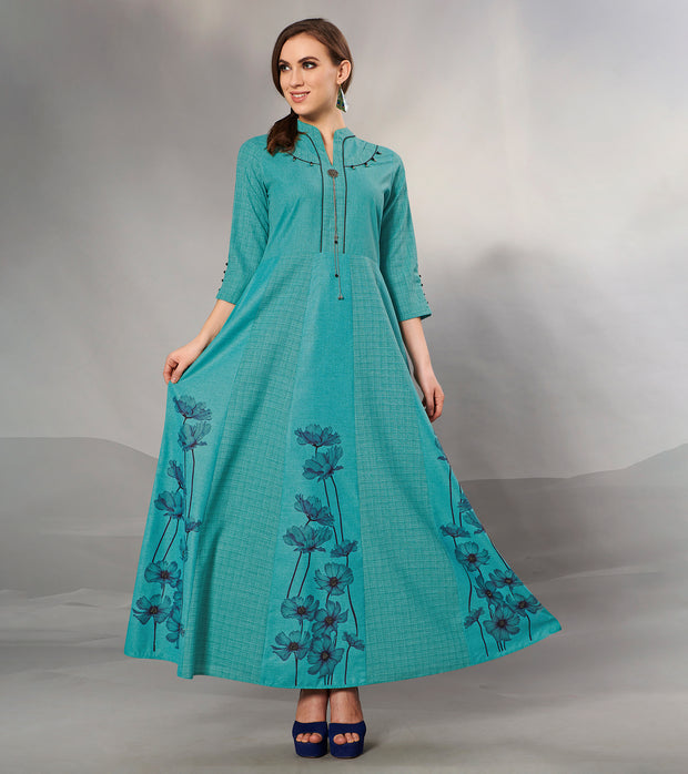 Laxmipati Textured Cotton Greenish Blue kali Pattern Gown with 3/4 sleeve & Mask