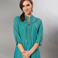 Laxmipati Textured Cotton Greenish Blue kali Pattern Gown with 3/4 sleeve & Mask