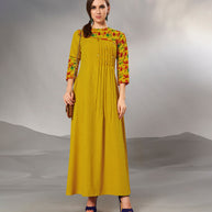Laxmipati Textured Cotton Mustard Yellow Pintucks with fair,Full length Gown with 3/4 sleeve & Mask