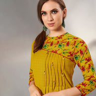 Laxmipati Textured Cotton Mustard Yellow Pintucks with fair,Full length Gown with 3/4 sleeve & Mask