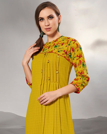 Laxmipati Textured Cotton Mustard Yellow Pintucks with fair,Full length Gown with 3/4 sleeve & Mask