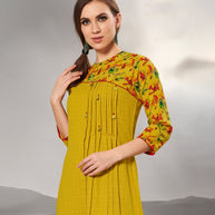 Laxmipati Textured Cotton Mustard Yellow Pintucks with fair,Full length Gown with 3/4 sleeve & Mask