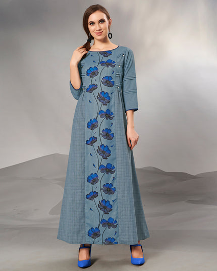 Laxmipati Textured Cotton grayish blue, Cross Pintucks Full length Gown with 3/4 sleeve & Mask