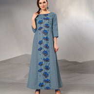Laxmipati Textured Cotton grayish blue, Cross Pintucks Full length Gown with 3/4 sleeve & Mask